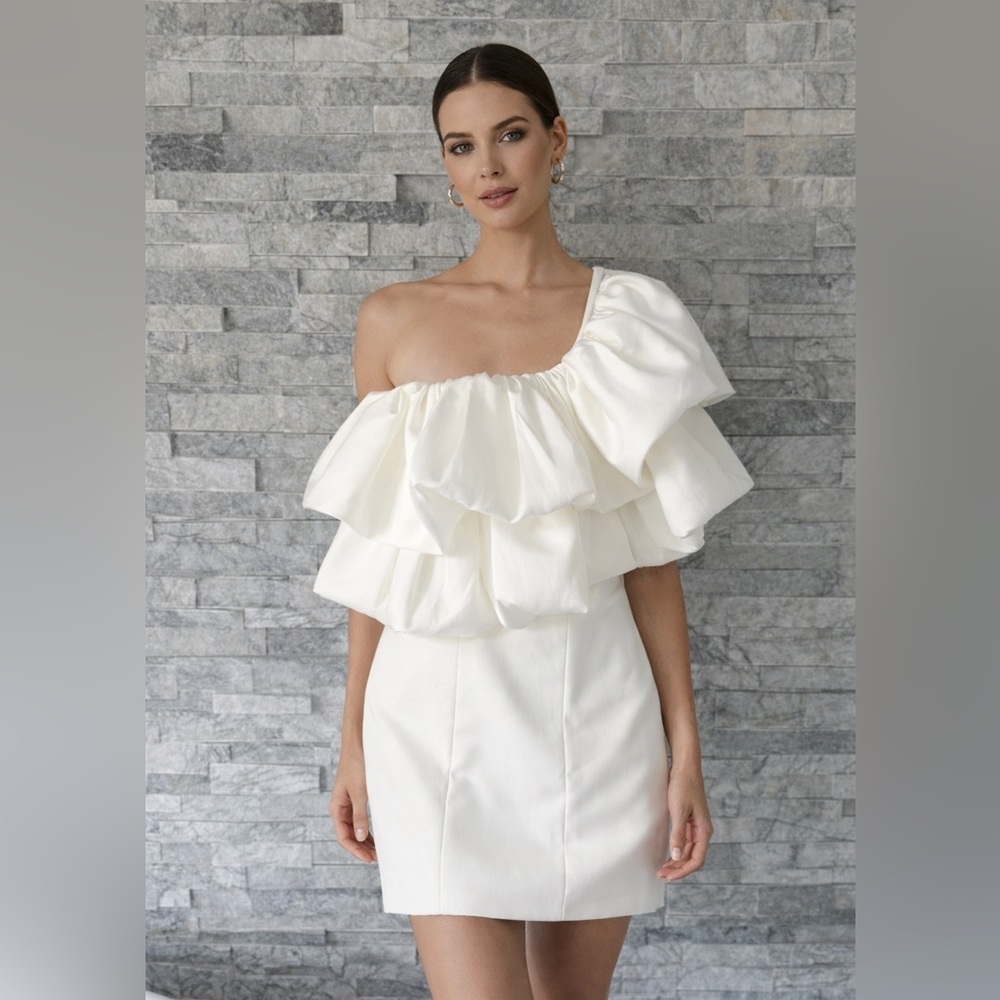 Solace London One-Shoulder Ruffle Mini Dress in Ivory